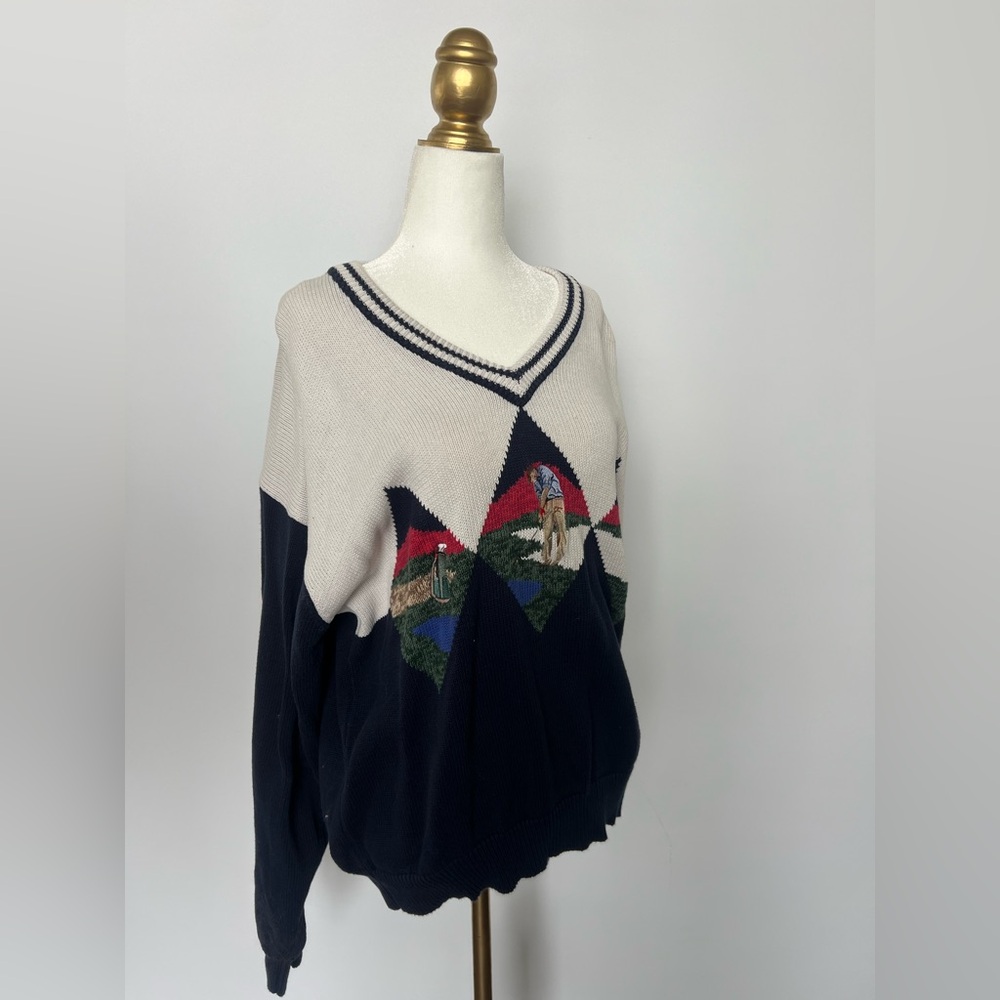 Mondange V-Neck Golf Sweater - Navy and White/Cream